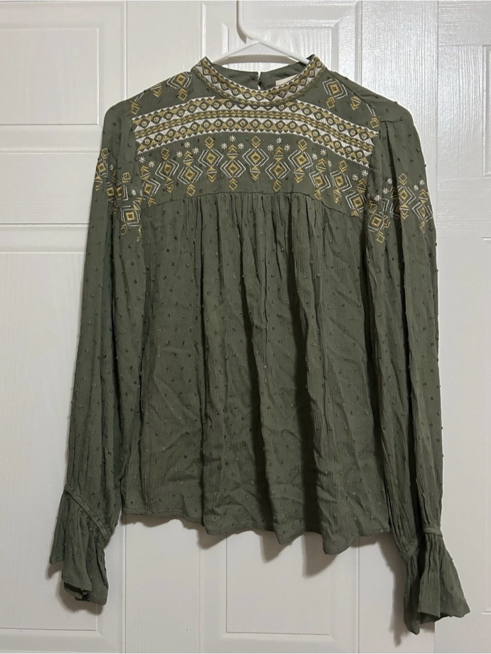 Savanna Jane Olive Green Embroidered Yoke Blouse
